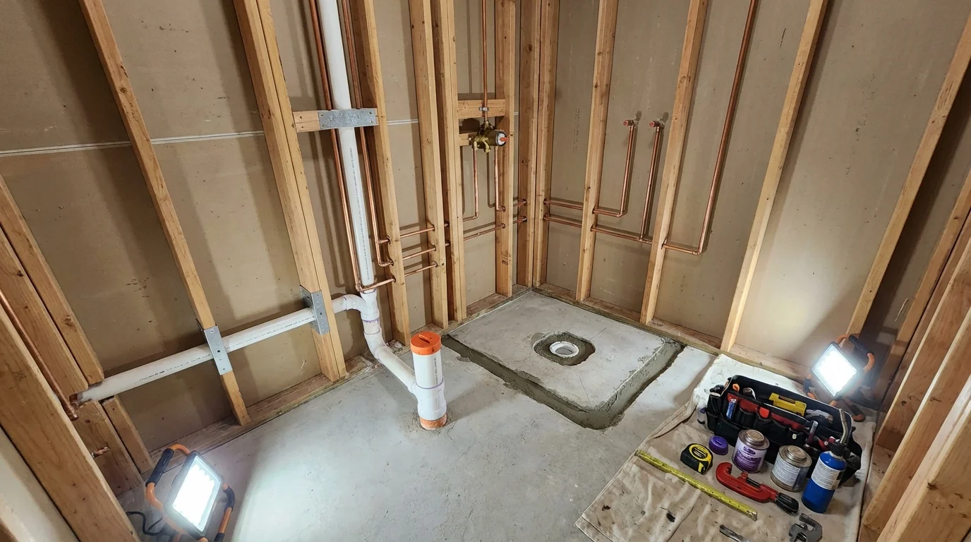 Bathroom rough-in plumbing during remodel by Johns Plumbing LLC in Bandon