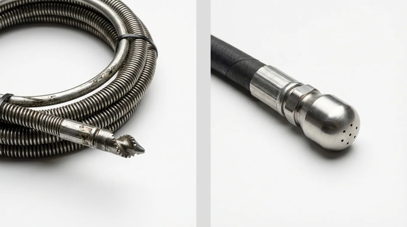 Drain snake cable and hydro jetting nozzle used for drain cleaning in Bandon, OR