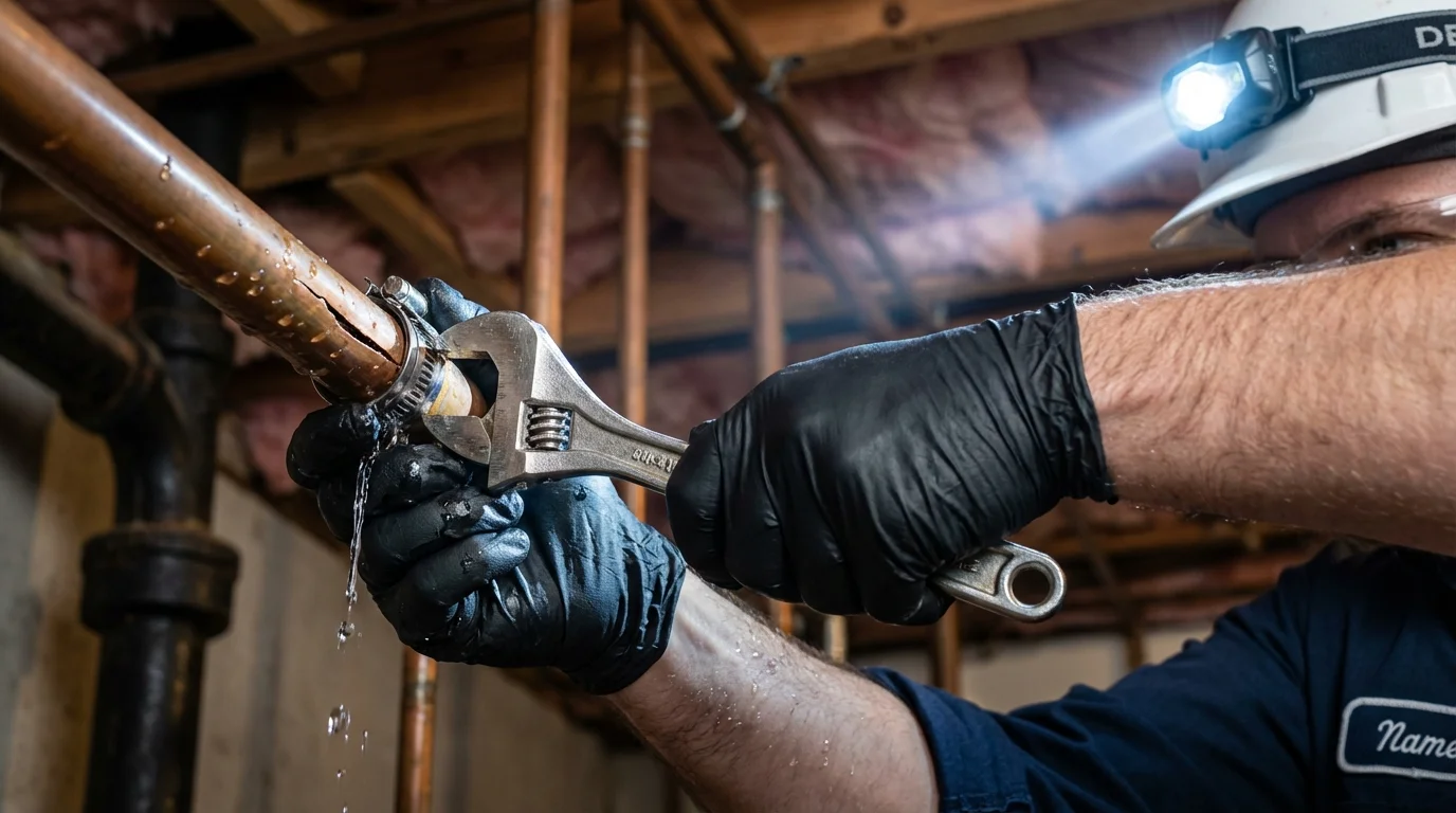 Emergency pipe clamp repair being performed by a Johns Plumbing LLC plumber in Bandon