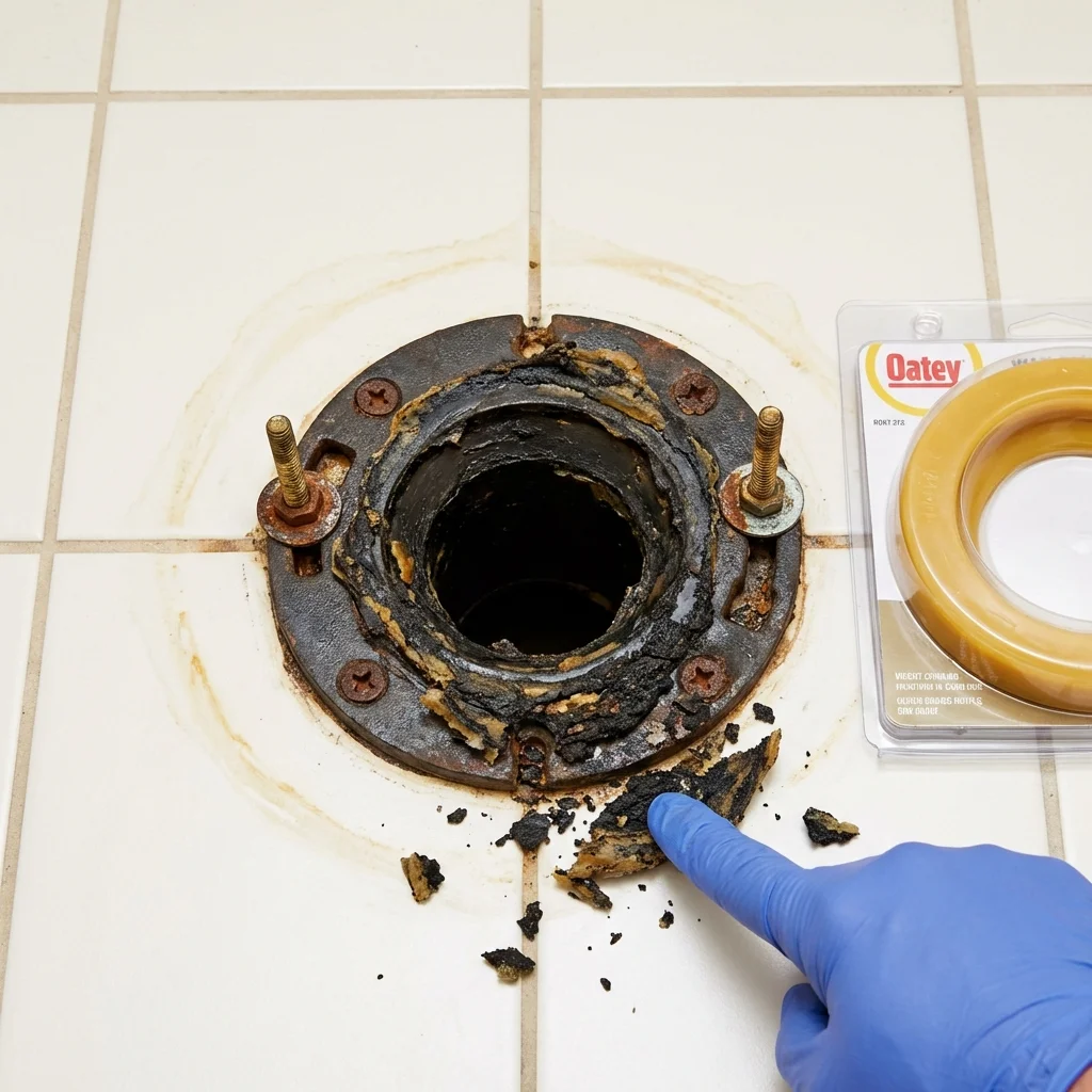 Failed wax ring showing water seepage at the base of a toilet in a Bandon, OR home