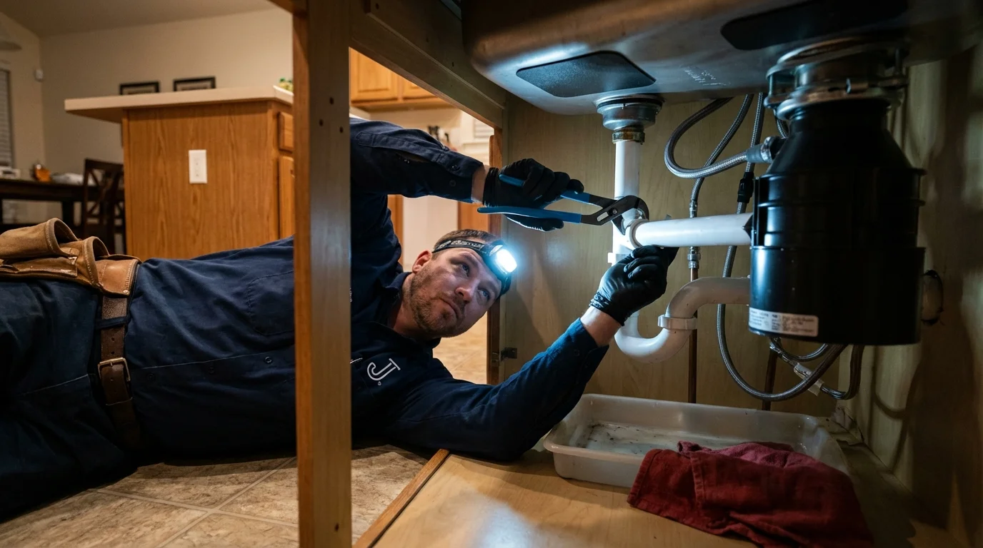 P-trap and supply line connections under a kitchen sink showing a common leak point in Bandon, OR
